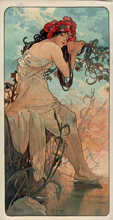 Alegoría de Mucha titulada El verano (1896). Las amapolas simbolizan el estío y por eso las incluyó en el cartel dedicado a esa estación. La protagonista es una sensual mujer coronada por dichas flores (Gallica, Biblioteca Nacional de Francia).