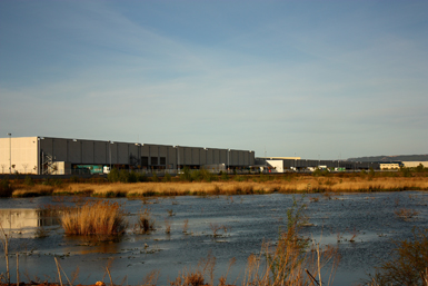 Panorámica de la laguna de Meco (Madrid), flanqueada por las extensas naves de la multinacional textil Inditex (foto: Víctor Noguerales).