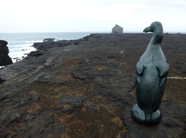 Homenaje al alca gigante en las costas de Reykjanesviti (Faro de Reykjanes, Islandia), frente a los islotes donde criaron las últimas parejas de esta especie (foto: Manuel Quintana).

