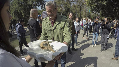 Un hombre recoge el cráneo real de vaquita que fue pasando de mano en mano en la procesión en honor de esta especie celebrada el pasado 17 de febrero en Ciudad de México. El cráneo aparece sobre una reproducción en cerámica de una gran concha marina.

