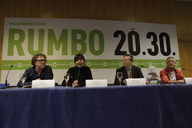 Integrantes de la primera mesa redonda sobre conservación de la biodiversidad. De izquierda a derecha: Enrique Segovia, Asunción Ruiz, Rafael Serra y Fernando Valladares (foto: Conama).

