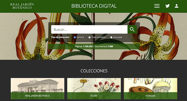 Página de inicio de la web de la Biblioteca Digital del Real Jardín Botánico.