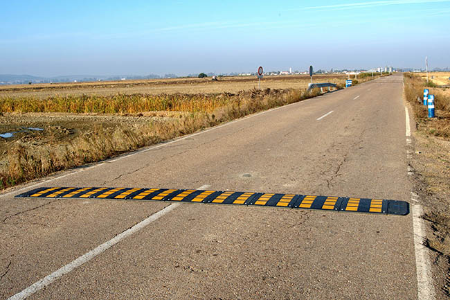 Badenes reductores de velocidad instalados en el tramo de carretera considerado como punto negro de atropellos de fauna en la Zona Regable Centro de Extremadura  (foto: Domingo Rivera).

