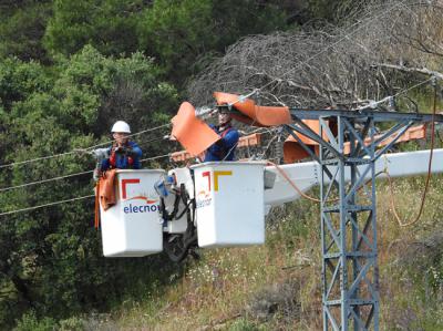 Dos operarios aislan un apoyo de un tendido peligroso para las aves bajo la cobertura del proyecto AQUILA a-LIFE (foto: Sergio de la Fuente / Grefa).