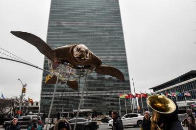 Evento reivindicativo con una réplica a gran tamaño de una tortuga marina, junto a la sede de la ONU en Nueva York, en demanda del Tratado Global de los Océanos. Foto: Stephanie Keith / Greenpeace.