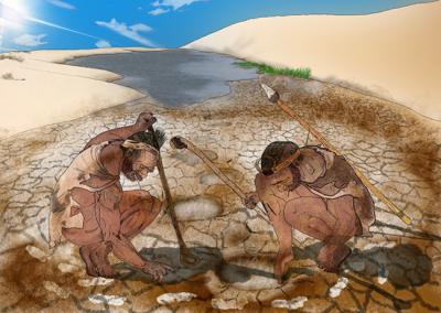 Reconstrucción de un momento en la vida de los neandertales costeros de Doñana a partir del registro de huellas y rastros descubierto en la Superficie Pisoteada de Matalascañas. Puede colegirse que corresponde a un encuentro intencionado con el impresionante elefante de colmillos rectos Palaeoloxodon antiquus, que superaba los cuatro metros de altura y alcanzaba las quince toneladas de peso (ilustración: José María Galán).