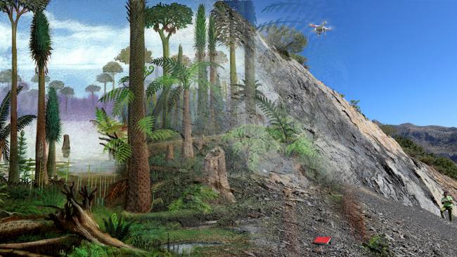 Recreación del bosque fósil de Alejico (izquierda) junto a una vista actual del yacimiento (derecha).