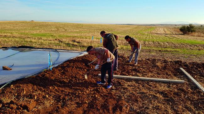 Varios voluntarios de Anser acondicionan el entorno del bebedero para aves esteparias construido en la nueva reserva de “Piedra Hincada”, en la comarca de La Serena (foto: Manuel Calderón).