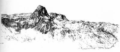 Valle de la Canal Roya, en el Pirineo aragonés, con la cima sobresaliente del Pico Anayet (dibujo: Eduardo Martínez de Pisón).