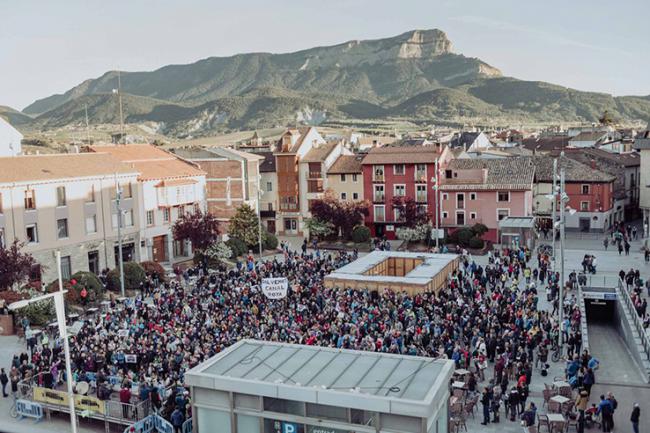 Vista aérea de la manifestacion para salvar la Canal Roya, celebrada en Jaca el pasado 15 de abril (foto: David Ruiz de Gopegui/Ojos Pirenaicos).