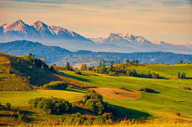 Zona de campiña en Eslovaquia, con los Montes Tatra al fondo, situados entre este país y Polonia (foto: Ivan / Adobe Stock).