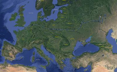 Ruta migratoria seguida por la lechuza campestre "Tina" desde su liberación a principios del pasado marzo hasta mediados de abril.