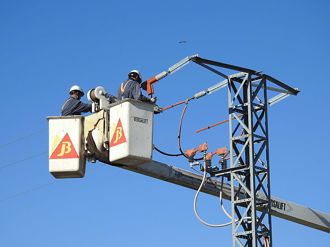 Dos operarios aíslan un apoyo eléctrico para evitar muertes de aves. (foto: AQUILA a-LIFE).