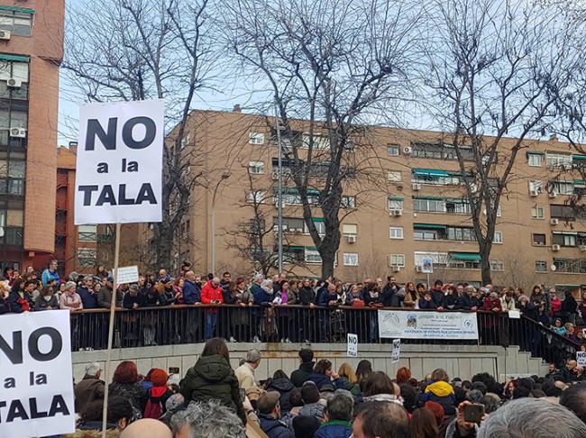 Concentración de ciudadanos madrileños, el pasado 18 de febrero, contra la tala de árboles por las obras de ampliación de la línea 11 del metro de Madrid (foto: Ricardo Santos).