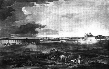 Dromedarios de carga en las afueras de Aranjuez (Madrid). Grabado del capitán de infantería Domingo de Aguirre titulado Sitio Real de Aranjuez visto desde el arca de agua junto al camino de Ocaña, 1773.